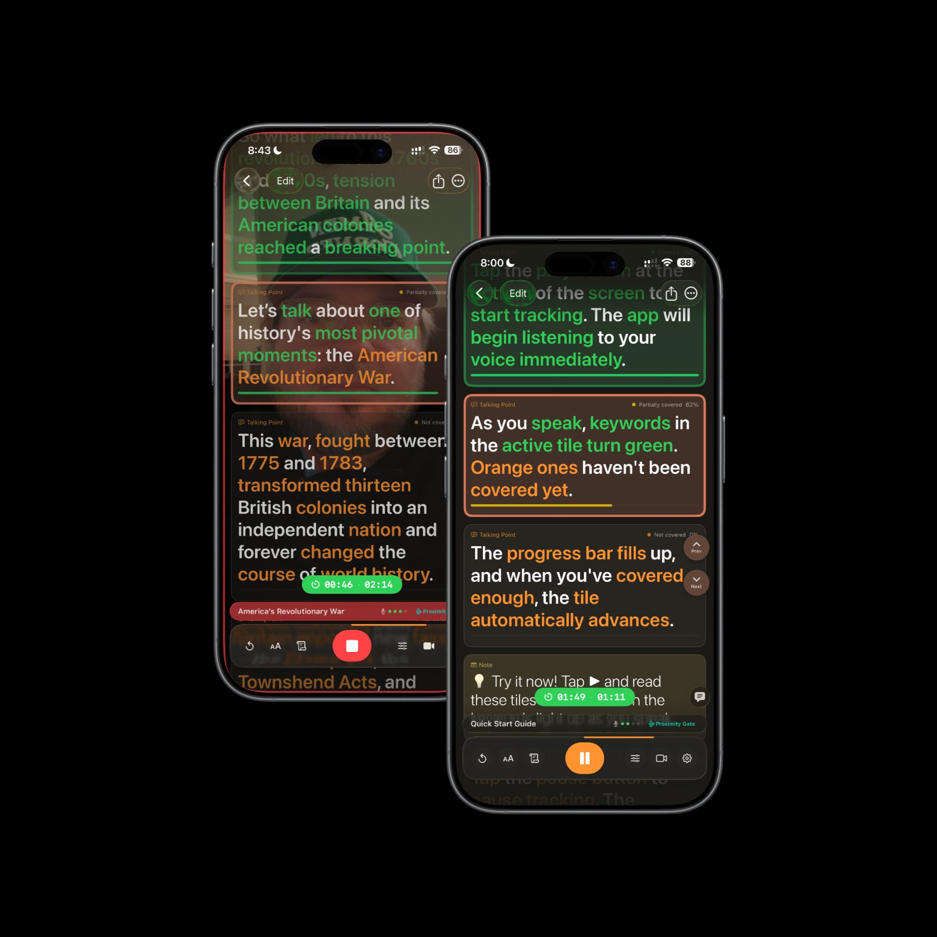 Talking Points Tracker on iPhone — conversations and tracking views